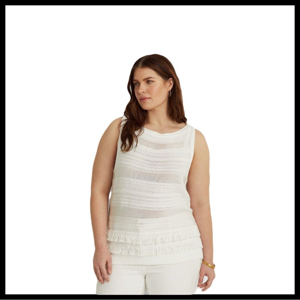 Lauren Ralph Lauren Fringe Trim Sleeveless Sweater White Linen Blend Elegant